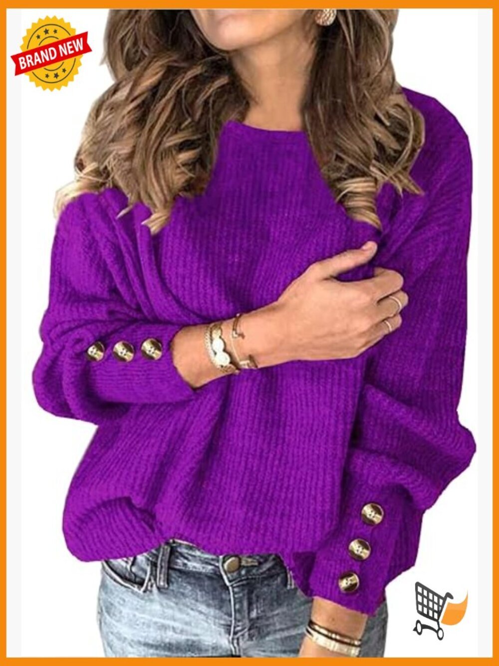 Batwing Long Sleeve Crewneck Pullover Sweater Loose Knit Jumper Top with Buttons